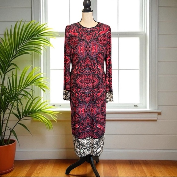 Maggy London Red & Black Printed Long Sleeve Sheath Dress - Size 16 - Picture 1 of 14